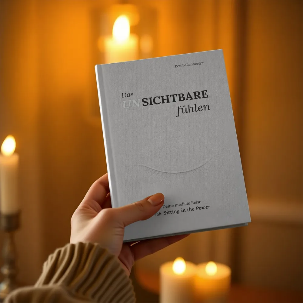 Das Buch „Das Unsichtbare fühlen“ in der Hand, im Hintergrund warmes Kerzenlicht – Atmosphäre der stillen Praxis