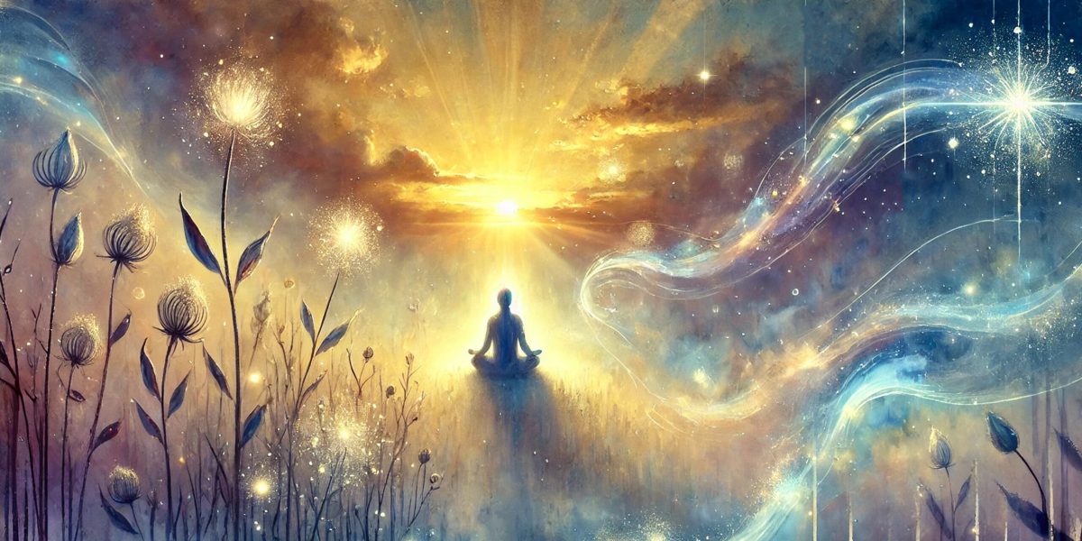 Die Sprache der Intuition entfaltet sich in der Stille der Meditation – wo kosmische Weisheit und irdische Natur zu einem harmonischen Dialog verschmelzen